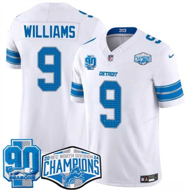 Men%27s Detroit Lions #9 Jameson Williams White 2024 NFC North Champions 90th Anniversary Patch F.U.S.E. Vapor Limited Stitched Jersey->detroit lions->NFL Jersey
